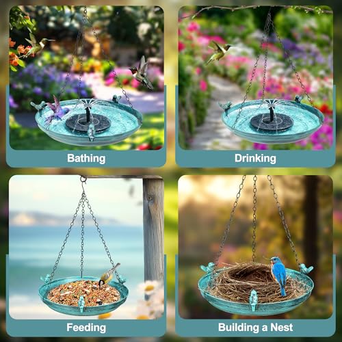 DazSpirit 14.9" Hanging Bird Bath with Solar Fountain for Outdoors | Metal Birdbath with Fixed Solar Panel, 4 Nozzles & 3 Removable Decorative Birds for Garden, Patio, Porch & Yard Gifts
