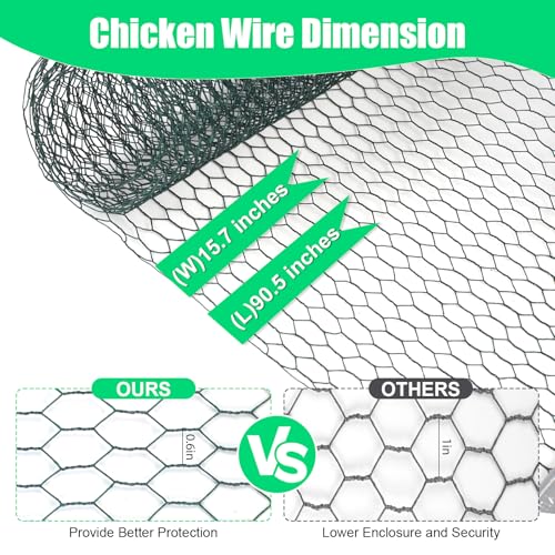 Chicken Wire, 15.7 x 90.5 Inches, Green, Hexagonal Mesh, Galvanized Metal Poultry Wire Netting for Crafts, Poultry, Garden - size: 15.7"x90.5"