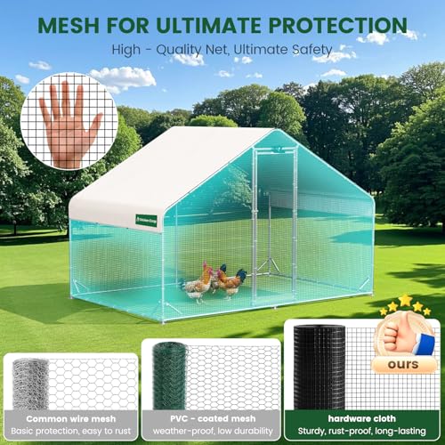 CHIKENCOOP 9.8x6.5x6.5ft Metal Chicken Coop, Hardware Cloth, Solar Light | One-room walk-in chicken run with galvanized hardware cloth, full-top waterproof UV-resistant cover, and 3-mode solar light - size: 118.0"L x 80.0"W x 80.0"H