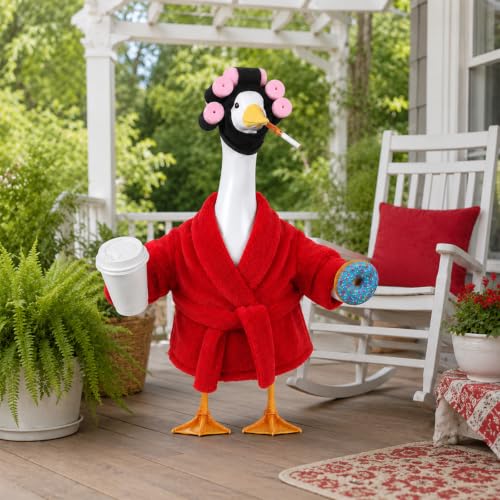 Old Lady Porch Goose Outfits 23 in Bathrobe Lawn Goose Costume Set Red | 23 Inch, for Porch Goose Cement or Plastic Statue, with Curlers Hat Coffee Cup Donut, Lawn Yard Garden Patio Decor - style: Bathrobe Red