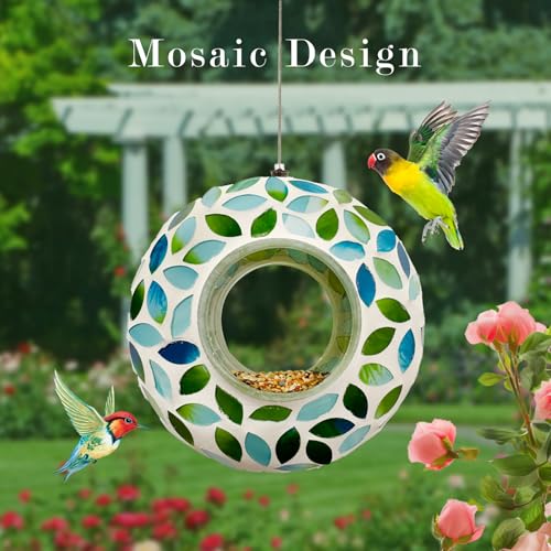 Hanging Bird Feeders for Outdoor Glass Mosaic Fly Through Wild Bird Feeder Round Shape Birdfeeder for Outside Garden Yard Patio Decoration Green - color: Green2