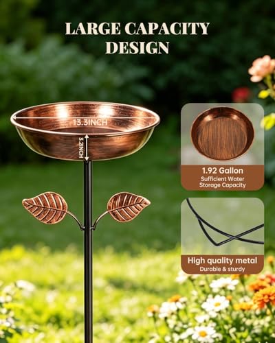 3.2In Deep Metal Bird Bath 40In High for Outside with 5 Prongs Base Stake | Free Standing Bird Feeder, Vintage Freestanding Birdbaths & Birdfeeder, for Yard Lawn Decor, Bronze, Adjustable Height