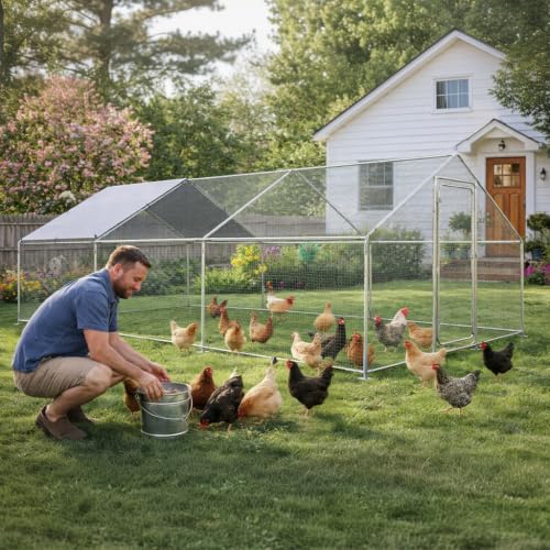 COMHOMA 19.7x10x6.6FT Large Metal Chicken Coop Walk-in Poultry Run | Galvanized Steel Outdoor Cage with Waterproof Roof & Lockable Soor. Ideal for Hens, Ducks, and Rabbits - size: 236.3"L x 120.0"W x 78.8"H