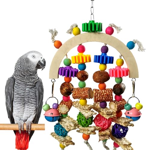 Wooden Parrot Chew Toy, Hanging Foraging Toy for African Grey & Macaw Birds | Colorful gear beads and natural bird toys with small bells relieve boredom, making them ideal cage decorations for parrots