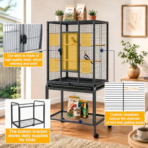 54-Inch Bird Cage with Horizontal Wire Design, Wrought Iron Bird Flight Cage with Rolling Stand, and Slide-Out Tray Suitable for Parrot, Cockatiel, Lovebird, Finch, Pigeon.
