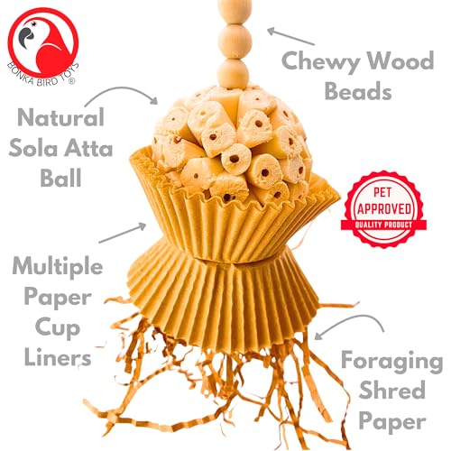 Bonka Bird Toys 1925N Natural Cake Bird Toy – 7" Tall, Lightweight, Bird-Safe Sola Plant Ball Core with Shreddable Cupcake Cups & Wooden Beads – Ideal for Finches, Parakeets, Lovebirds & Small Birds