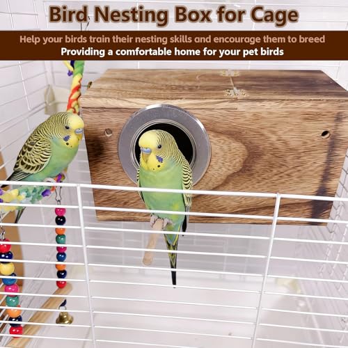 kathson Parakeet Nesting Box,Wooden Budgie Breeding Mating Boxes,Parrots Nest House Hut for Cage,Bird Nesting Box for Lovebirds,Conure,Canary,Finch and Small Medium Birds, M - size: M: 9.84*5.11*5.11inch