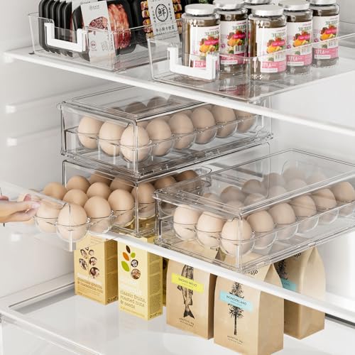 BPA Free Stackable Egg Container - 18 Egg Refrigerator Organizer with 2 Kitchen Hooks, Clear - style: Modern+Simple