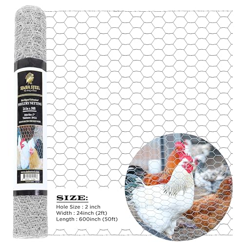 Chicken Wire 24 in x 50 FT x 2” Mesh x 20GA | Poultry Wire Netting | Hot Dipped Galvanised | Hexagonal Galvanized Mesh for Chicken Coop, Rabbit Cage, Fence Barrier PM24x50x2 - style: 24 in x 50 FT x 2 in