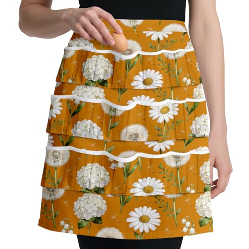 CUTHOLLOW Egg Collecting Apron for Adlut, Housewife, 18 Deep Pockets Hen Egg Gathering Holding Apron with Elastic Closures - style: Wildflowers and Daisies With Dandelions