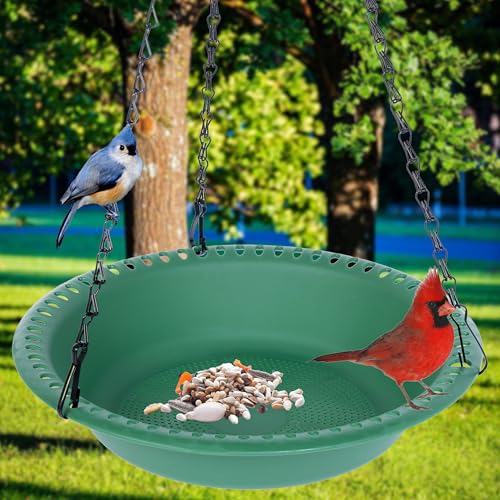 Hanging Bird Feeder Tray with Drainage Holes for Outside, Rugged Recycled Plastic Wild Bird Feeding Station (10 inch, Green) - color: Green, size: 10 inch