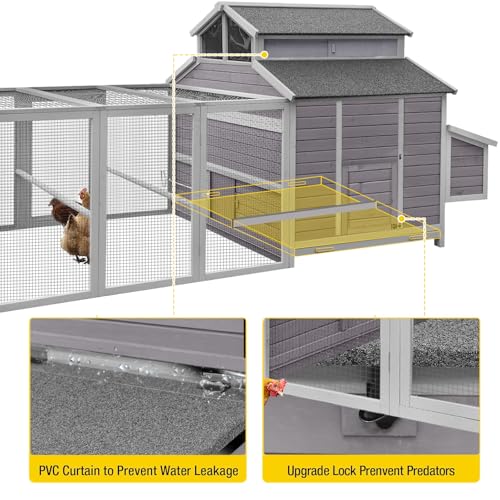Aivituvin Chicken Coop Large 115" Wooden Chicken House with Run for 8-10 Chickens, Duck House Outdoor Poultry Cage with Nesting Box, Removable Tray, Waterproof Roof, Secure Hen House - size: 115.0"L x 54.0"W x 56.0"H
