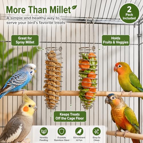 Millet Holder for Bird Cage, 2 Pack Spray Millet Treat Holder | Stainless Steel Hanging Parrot Foraging Feeder Toy, Fruit Vegetable Basket for Parakeet Cockatiel Conure African Grey