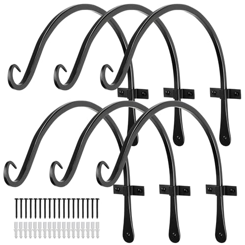 Worth Garden 6-Pack 14" Plant Hanger Bracket - Hand-Forged Wrought Iron Powder-Coated Heavy Duty Wall Hooks - Black Curved Plant Hanging Hooks for Bird Feeders, Flower Baskets, Indoor & Outdoor Use - size: 14" Length