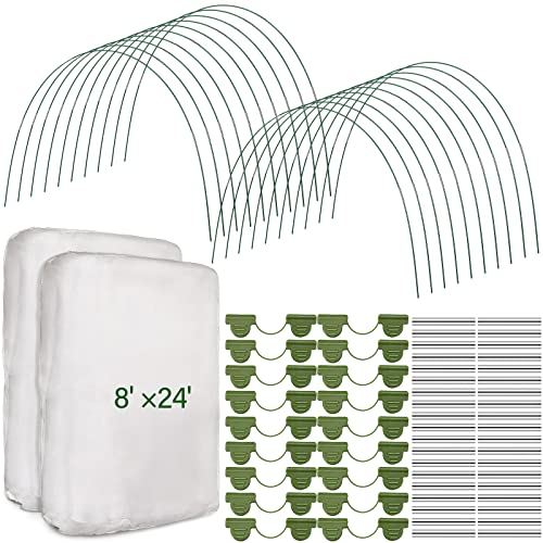 Woanger 2 Set Garden Netting Kit for Raised Beds Ultra Fine Mesh Netting with 100 Hoops 72 Clips 80 Connectors for Garden Row Cover Vegetable Flowers Protection Barrier Plant Covers(8 x 24 ft) - size: 8 x 24 ft