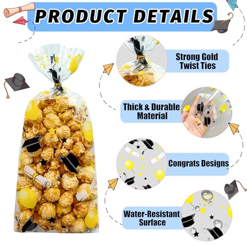 Soarvita 100PCS Graduation Cellophane Treat Bags: Double-Sided Printed Graduation Candy Bags with Gold Twist Ties, Clear Goodie Bags for Graduation Party Favors, Cookies, Popcorn, Gifts (Black Gold) - color: Graduation-100pcs