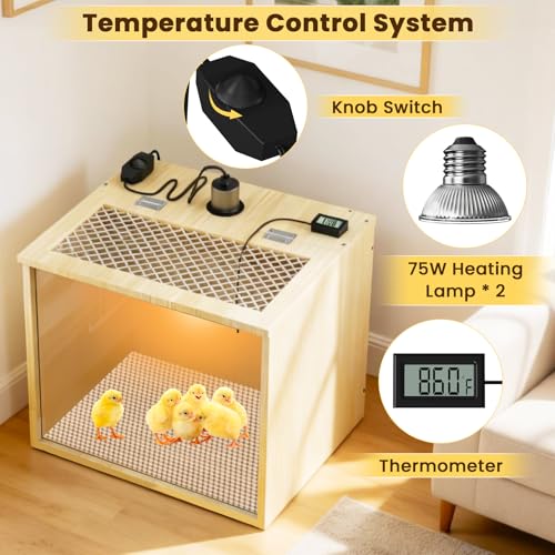 Chicken Brooder Box for Chicks Starter Kit, 16 Inch Wooden Chicken Brooder Box with 75W Heating Lamps, Thermometer and Tin Foil, Poultry Breeding Kit, for 5-7 Chicks Ducks Quail Hamsters