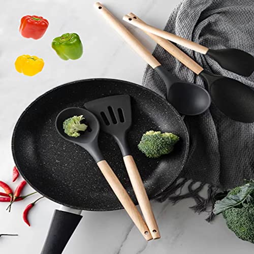 Non-Stick Silicone Cooking Utensils Set, 5 Pcs with Wooden Handle, Heat Resistant Silicone Kitchen Gadgets (Black) - color: 5 PCS Set Black