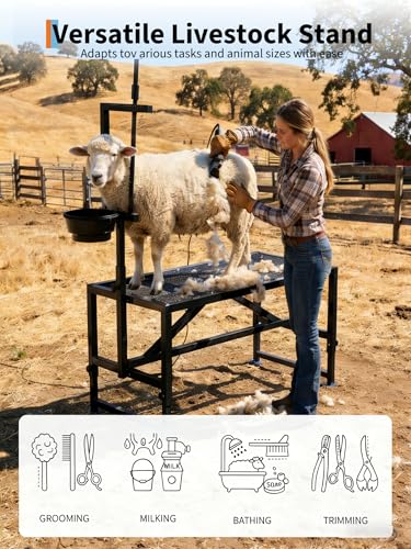 47" Heavy-Duty Steel Goat Milking Stand with Adjustable Headpiece & Legs, Feed Bin - for Grooming, Shearing, Physical Examination,and Milking, Black - color: Black, size: 47 inch