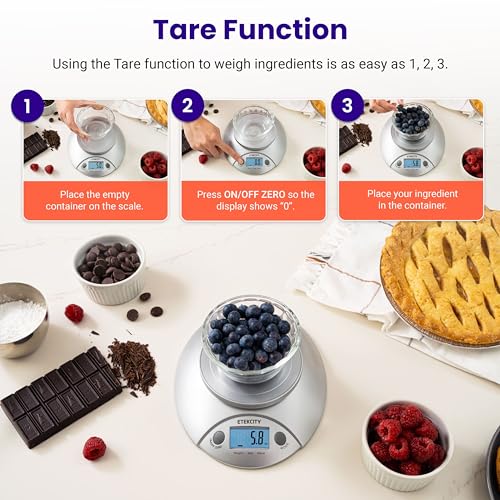 Etekcity Food Kitchen Scale with Bowl, 11lb/5kg, Grams and Ounces | Removable bowl with tare, backlit display, ideal for baking, meal prep, dieting and weight loss - color: Stainless Steel-Gray
