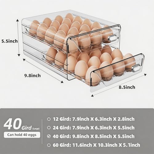 HIYOHIYO Clear 40 Grid Egg Holder for Fridge, with Drawers, 2-Tier | with Time Scale Marking | Large Capacity | Stackable | Sturdy Eggs Container for Refrigerator and Countertop - size: 40 Grids-2 Layer