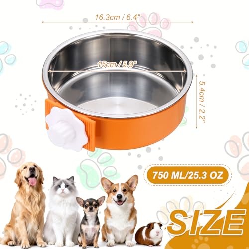 Crate Dog Bowl, Removable Stainless Steel Pet Cage Hanging Anti-Overturn Food Water Feeder Cage Cup (Round, Orange, 25.3oz), Intended for Puppies/Cat/Rabbit/Bird - color: Orange, size: 6.4"(25.3oz)