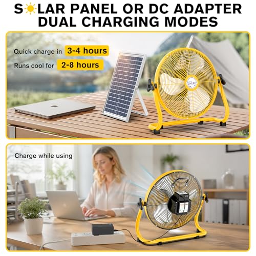 14" Solar Powered Fan with 20W Detachable Solar Panel, Yellow | Built-in Rechargeable Battery, Portable, 12 Speed, 360° Tilt for Outside, Camping, Greenhouse, Chicken Coop, Patio, gazebo - color: 14" Yellow