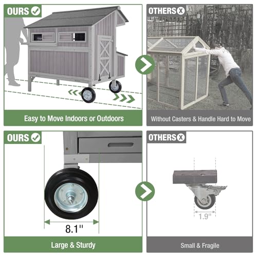 Extra Large Chicken Coop with Super Large Wheels, Mobile Hen House Poultry Cage with Strong Iron Frame, Outdoor Chicken House with 3 Nesting Boxes, 3 Perches for 4-6 Chickens
