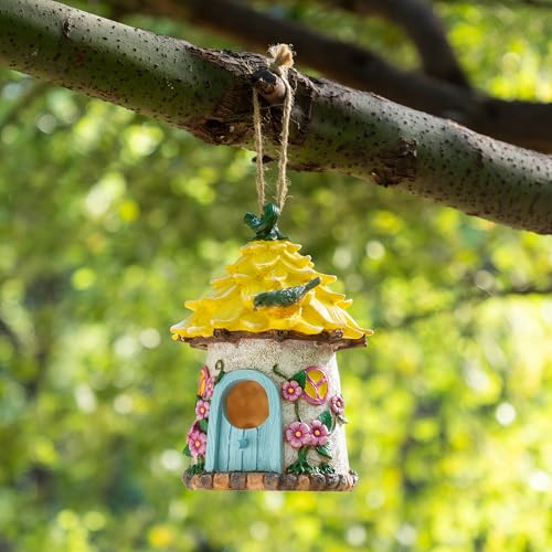 Glitzhome Bird Houses for Outside, 9" H Bluebird House Resin Yellow Roof Garden Hanging Birdhouses for Outdoors - color: 9"H Yellow