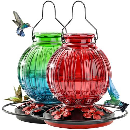 2 Pack Glass Hummingbird Feeder for Outdoors Hanging, Bird Nectar Feeder with Perch & 5 Flower Feeding Ports, 26 Oz Leak Proof for Outside Garden Decor Backyard, Gifts for Women Mom, Red + Green Blue - color: Red + Green-Blue Gradient