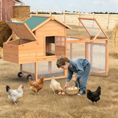 GOJOOASIS Portable Chicken Coop with Wheels & Handrail, Weatherproof Wooden Hen House, Removable Tray & Nesting Box, Ideal for Chickens, Ducks, Rabbits & Small Animals (80" Asphalt Top with Wheel)
