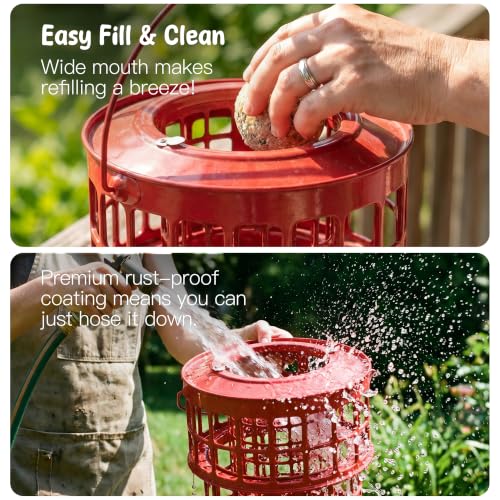 KOL All-Metal Suet Bird Feeder, Heavy-Duty Double-Layer Suet Ball Feeder for Wild Birds, 360° Feeding with Drainage Tray, Ideal for Suet Balls and Seed Cakes (Red) - color: Red