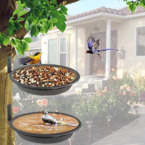 2 Bird Feeders Tree Mounted with Heavy Duty Sturdy Steel, 9.15” in Diameter×1.53" Deep Dark Brown Bird Bath Tray,Installed on Wooden Fences, Trees, Deck,Indoor and Outdoor Walls