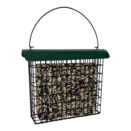 Large Suet Feeder - Metal Woodpecker Suet Cage w/Roof | Holds 1 Large Seed Cake. Metal Roof Keeps Suet Dry. Multiple Clinger Birds Feed at Once - Woodpeckers, Finches, Chickadees.