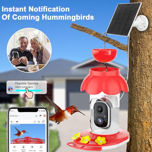 Hummingbird Feeder with Camera, Smart Hummingbird Feeder Camera Solar Powered with AI Identify, Auto Capture Bird Videos & Motion Detection, Ideal Gift for Bird Lovers