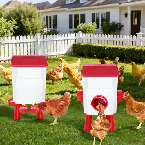 Auto No Waste Chicken Feeder and Waterer Set 3 Gallon/26.4 Pounds | Sturdy & Durable Chick Feeder and Waterer Set, Poultry Feeder Large for Hens/Ducks/Poultry - color: Red