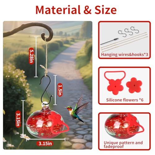 Pozfun Set of 3 Hummingbird Feeders for Outdoors Hanging,Hand-Blown Glass Hummingbird Feeder with Silicone Feeding Perch,Never Leak,Gardening Gifts for Woman Man(Red) - color: Phoenix Tail Red