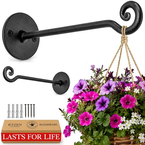Plant Hangers Outdoor or Indoor Heavy Duty Wall Bracket Hooks | Wrought Iron Metal Hanger Indoor Hook for Hanging Plants Baskets Lanterns Bird Feeders - 2 Pack (Black Swirl Hooks 7.5") - size: 7.5 Inch, style: Swirl Hooks