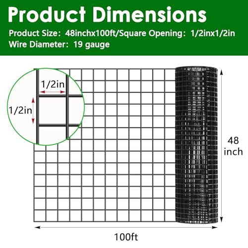 Black Hardware Cloth 1/2inch 48in x 100ft 19 Gauge, PVC Coated Galvanized Steel Chicken Wire Fence Roll Garden Plant Welded Metal Wire Fencing Roll, Rabbit Cages Snake Fence, Black - size: 1/2 inch 48in x 100ft