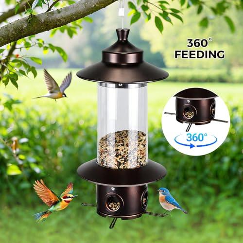 Squirrel Proof Bird Feeders for Outdoor: 4.8LB Large Capacity Hanging Bird Feeder, Weight-Activated Mechanism Wild Bird Feeders, Chew-Proof Metal Birdfeeder for Finch Cardinal Chickadee - color: Brown