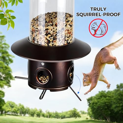 Squirrel Proof Bird Feeders for Outdoor: 4.8LB Large Capacity Hanging Bird Feeder, Weight-Activated Mechanism Wild Bird Feeders, Chew-Proof Metal Birdfeeder for Finch Cardinal Chickadee - color: Brown