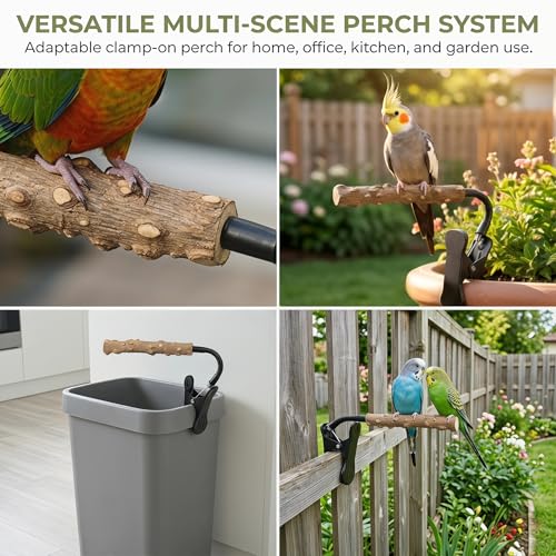 Bird Perch Stand with Clip, Adjustable Clip-On & Portable Parrot Stand, Natural Wood Bird Perch Training Stand for Cockatiels, Conures, Lovebirds and Medium & Small Parrots