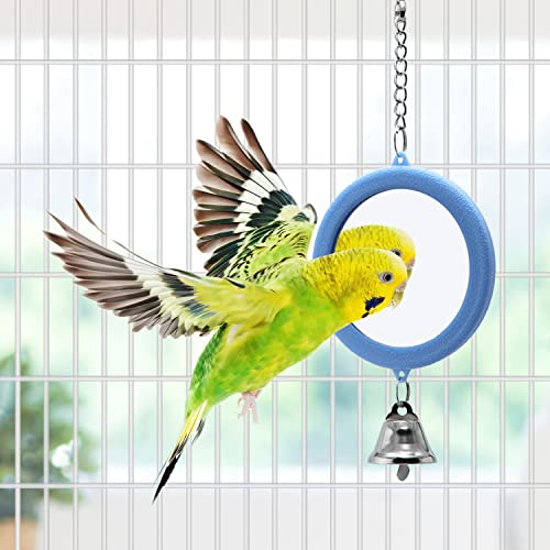 2PCS Bird Mirror with Bell Parrot Hanging Interactive Playing Toy for Cockatiel Parakeets Canaries Budgie Cage Accessories (Blue) - color: Blue