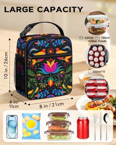 Girls Lunch Box Insulated Lunch Bag for Girls Teen Women, Floral Birds | Reusable Lunchbox, Cooler Tote Bag, Water Bottle Holder, Front Pockets, Portable Buckle Handle, Mexican Talavera Floral Birds - color: Mexican Talavera Floral Birds