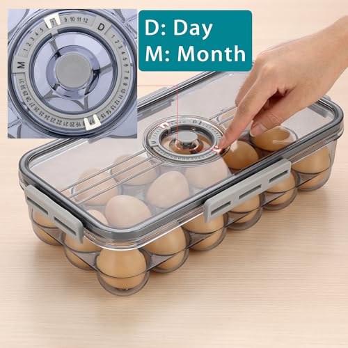 BTSKY Premium Plastic Egg Holder for Fridge - 18 Count Egg Container for Refrigerator, Egg Organizer, Plastic Egg Storage Box with Time Reminer and Lid- Reusable Egg Carton Tray Stackable - size: Small-hold 18 eggs