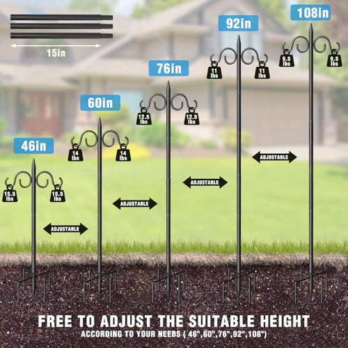 Double Shepherds Hooks for Outdoor, 108 Inch Heavy Duty Bird Feeder Pole with 5 Prongs Base, Adjustable Shepherds Hook for Bird Feeder, Garden, Weddings, Hanging Plant, 1 Pack - size: 108 Inch