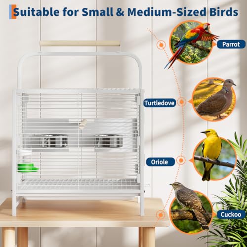 25.9''H Travel Bird Cage for Small Parrots Wrought Iron Portable Carrier Parrot Cage with Food Bowl/Perch, Slide-Out Tray for Canaries Budgies Parrotlets Lovebirds Conures Cockatiels, White | Wrought Iron Portable Carrier Parrot Cage w/ Slide-Out Tray for
