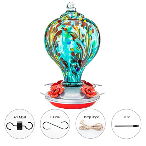 Hummingbird Feeders 32OZ Glass Hummingbird Feeder with Ant Moat, Yard Porch Decor (Teal Blue) | LaElvish Garden Hummingbird Feeders 32OZ Glass Hummingbird Feeder with Ant Moat, Yard Porch Decor (Teal Blue) - color: Teal Blue
