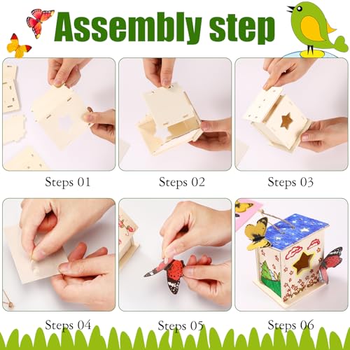 Outus 12 Pcs Wooden Birdhouse Craft Kits to Build, 4 Shapes Wooden Unfinished Bird House with Butterfly Sticker for and Arts Crafts Bulk Painting Kits(Stylish) - style: Stylish