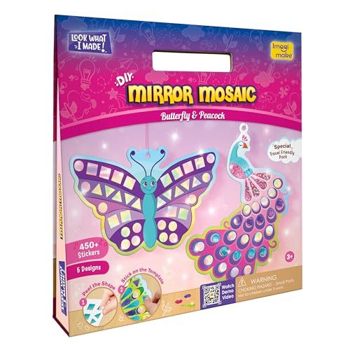 Imagimake Mirror Mosaic - Butterfly & Peacock, 5 Templates, 450+ Stickers | Mess-Free Craft Activity, Screen-Free Creative Art Kit for Kids, Birthday Gift for Boys & Girls Ages 3,4,5,6,7 Years Old - style: 2. Butterfly & Peacock